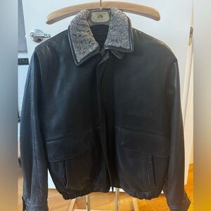 Overland Trading Black Leather Bomber Jacket with Gray Collar